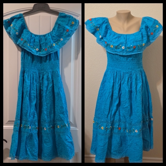 Dresses & Skirts - Bright Turquoise Off-Shoulder Embroidered Sundress